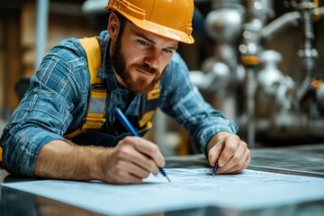 Plumber Collaborates on Detailed Plans for Innovative Bathroom Renovation in Construction Workspace