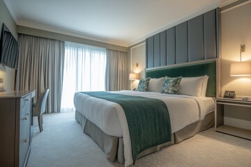 Fototapeta premium A well decorated hotel bedroom with luxurious furniture and soft lighting