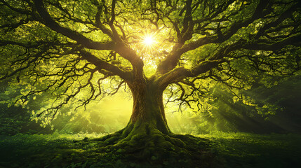 Obraz premium Ancient whispering tree, moss-covered branches reaching towards sunlight in lush green forest, shadows, branches. Whispering Growth. Illustration