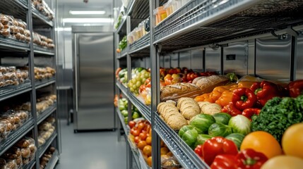 Walk-in industrial refrigerator with rows of neatly arranged produce and bread, clean and organized, stainless steel shelving, large-scale food storage solution
