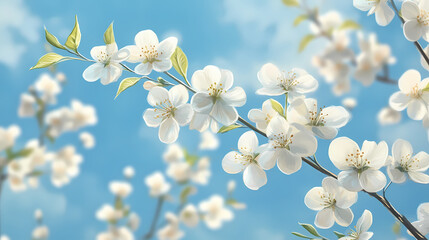 Fototapeta premium Blossom's bloom: capturing the ephemeral beauty of spring as delicate white blossoms against a radiant blue sky, each petal whispering tales of renewal and growth. Whispering Growth. Illustration