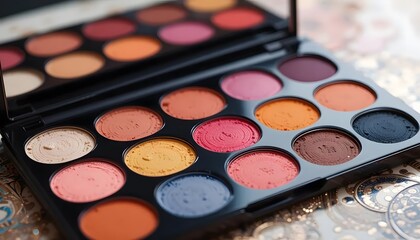 A vibrant eyeshadow palette bursting with warm sunset hues and rich earthy tones, promising endless creative possibilities in a sleek black case.