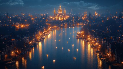 Fototapeta premium Amsterdam Night Lights: Aerial View of Canals and Basilica