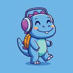 Obraz premium Adorable Blue Dinosaur with Headphones Cartoon Design