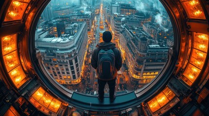 Fototapeta premium Urban Exploration: A Lone Figure Gazes Upon a Cityscape from a Unique Vantage Point
