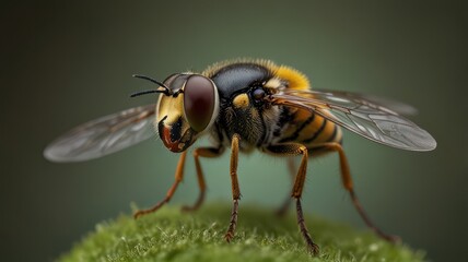 Close-up of a hoverfly on moss.  Detailed view of insect's body, wings, and head. Vibrant colors and textures