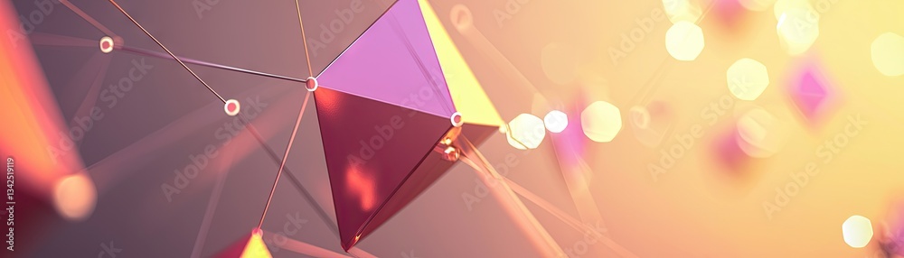 Sticker connected polygons in a network, with blurred lights background for technology