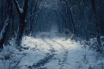 Snowy forest path at night.  A winding path through a snowy forest under a starry night sky.  Soft snowfall