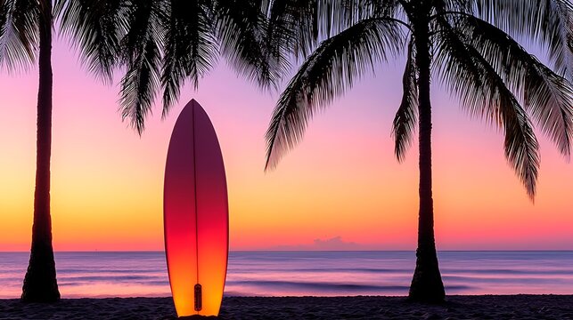 Surfboard Sunset Beach Tropical Vacation - Powered by Adobe
