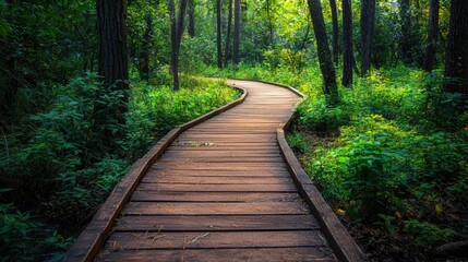 Wooden pathway winding through a lush forest park surrounded by greenery, offering a serene nature escape and tranquil walking experience.