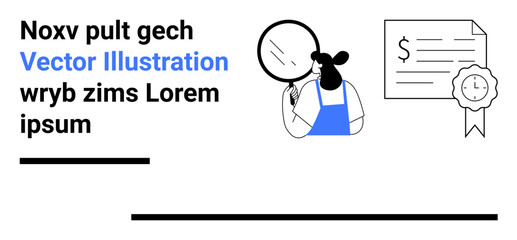 Person in blue apron examining document with magnifying glass, certificate featuring a money icon and clock. Ideal for education, inspection, certification, analysis, research, finance, simple