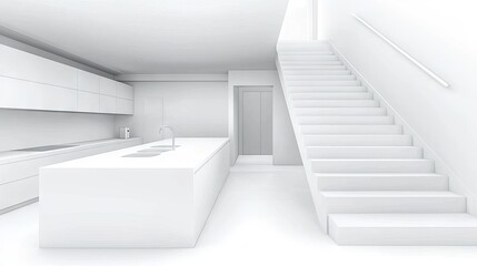 Obraz premium Minimalist kitchen interior. White design with stairs, light, and island. Architectural use case