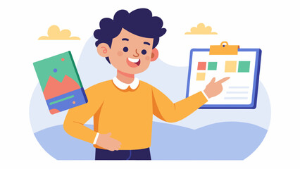 The pride in a students eyes as they point out their favorite artwork in their portfolio basking in the recognition of their talent.. Vector illustration