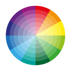 Color wheel chart. Gradient spectrum circle. Bright rainbow palette. Circular shade diagram.