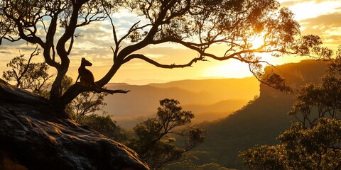 Tree kangaroo in a montane forest its silhouette framed by the golden light of sunset the rugged terrain and distant mountains creating a dramatic backdrop shot with a wide angle lens at f8