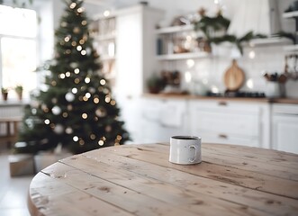 Blurred white kitchen interior with a round wooden table and a Christmas tree in the background, closeup. Modern Scandinavian home decor for product display montage, . 2/3 space to place text in 