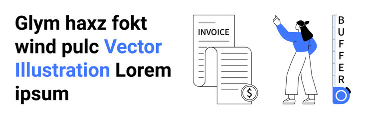 Businesswoman pointing at financial document with coin. Modern elements thumbs up invoice, textual elements. Ideal for finance, accounting, payment, budgeting, analytics, fintech simple landing page