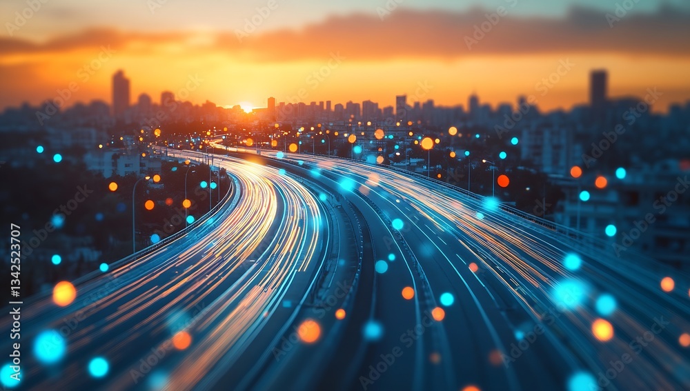 Poster dynamic transportation scene at sunset featuring illuminated trails and glowing particles along a bu