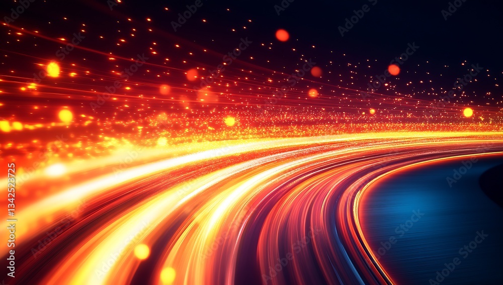 Poster Brilliantly glowing trails of light streaming in a captivating swirl on a dark smooth surface : Generative AI