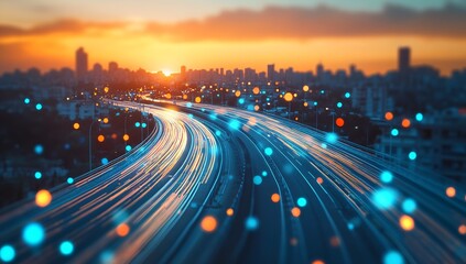 Dynamic transportation scene at sunset featuring illuminated trails and glowing particles along a busy roadway : Generative AI