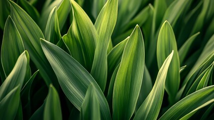 Fototapeta premium A bunch of green leaves are in a field. The leaves are very green and are spread out