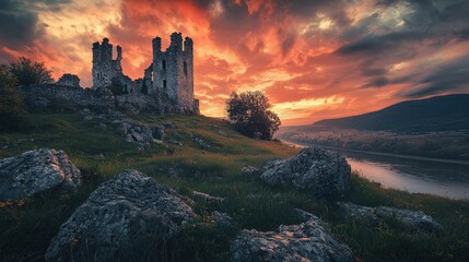 Ruined castle stands on hilltop overlooking river at dramatic sunset. Stormy sky with dramatic colors. Rocks, grass surround ruins. Epic landscape with medieval architecture in ruin. Sense of