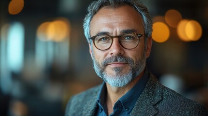 Fototapeta premium Portrait of a Confident Mature Man with Gray Hair and Glasses