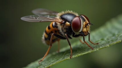 Fototapeta premium Close-up of a hoverfly on a leaf. Detailed view of its body, wings, and eyes. Vibrant colors and intricate patterns are visible