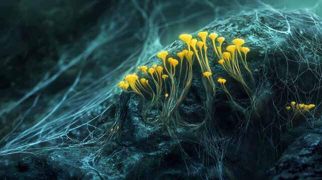 A glowing fungal hypha sprouts from a weathered granite boulder, its tendrils stretching across dew-kissed spider silk. Dreamlike Hyphae. Illustration
