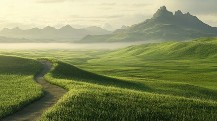 Obraz premium Scenic winding path through a field of green grass in the morning