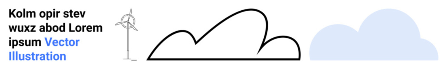 Wind turbine beside abstract cloud outlines. Ideal for sustainability, clean energy, renewable resources, environmental awareness, innovation, eco-friendly designs, simple landing page