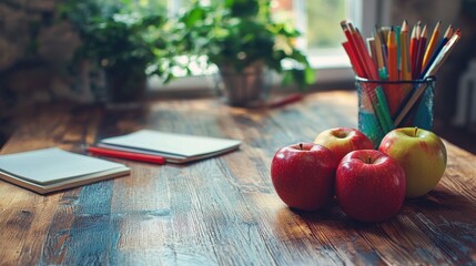 School education with apples and wooden table top, books and some school supplies