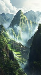 Ancient city nestled amidst verdant mountains shrouded in ethereal mist