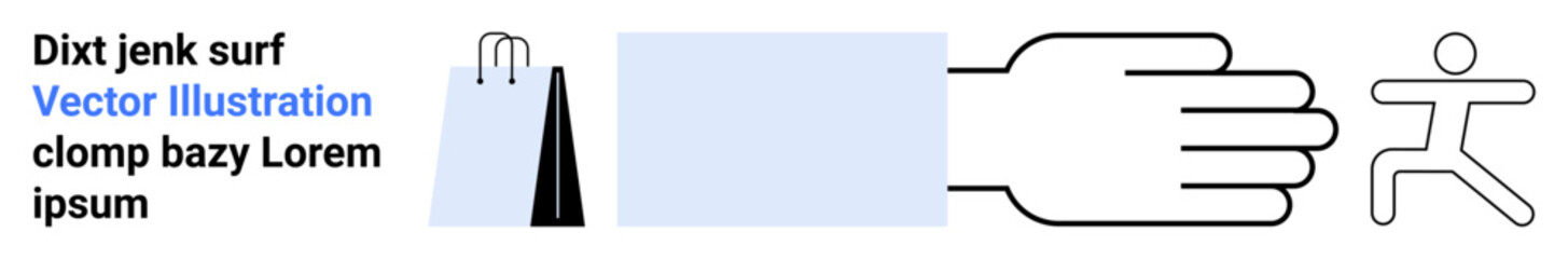 Shopping bag, abstract shapes, hand gesture, and running figure highlight retail, engagement, movement, and human action. Ideal for e-commerce, user interfaces health interaction guides simple