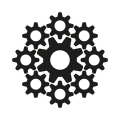 Gear cluster icon. Multiple cogwheel shapes. Black mechanical design. Industrial engineering symbol.