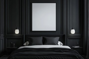 An elegant and modern bedroom with black walls and furniture