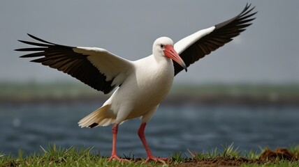 Obraz premium White bird with outstretched wings, prepares to fly over water