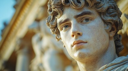 Close-up of a Renaissance-era marble statue, showcasing the intricate details of the sculpture's youthful face and curly hair.