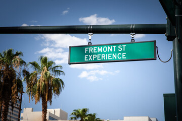 Street sign marking Fremont Street Experience in Las Vegas, a popular tourist destination known for entertainment, casinos, and vibrant nightlife.