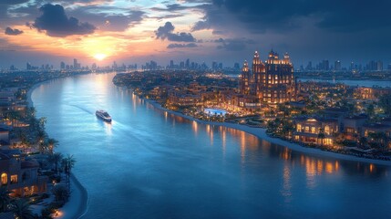 Fototapeta premium Sunset over the luxurious island resort in Dubai, showcasing a magnificent cityscape and a yacht sailing on calm waters.