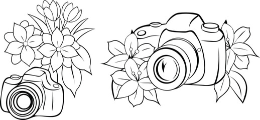Set of DSLR Camera and Botanical Flowers Combination | Artistic Line Art Vector Design