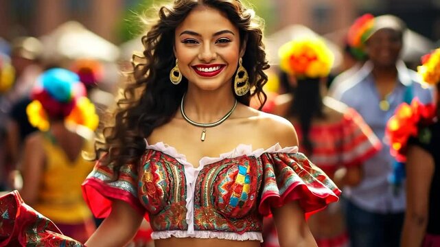 A Latin American girl in traditional Mexican clothes from Veracruz, Mexico, Latin America, on Independence Day, Cinco de Mayo parade or cultural festival. Generative 4k video