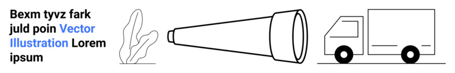 Telescope aimed at exploration near plant leaves and delivery truck outline. Ideal for logistics, delivery, exploration, transportation, growth, search concepts, and a simple landing page