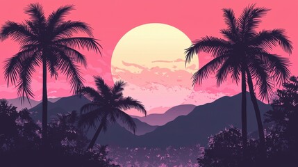 Silhouettes of palm trees and pink sun vector. set of palm trees and sunrise vector silhouette. tropical landscape and mountains black, very peri vector illustration.eps