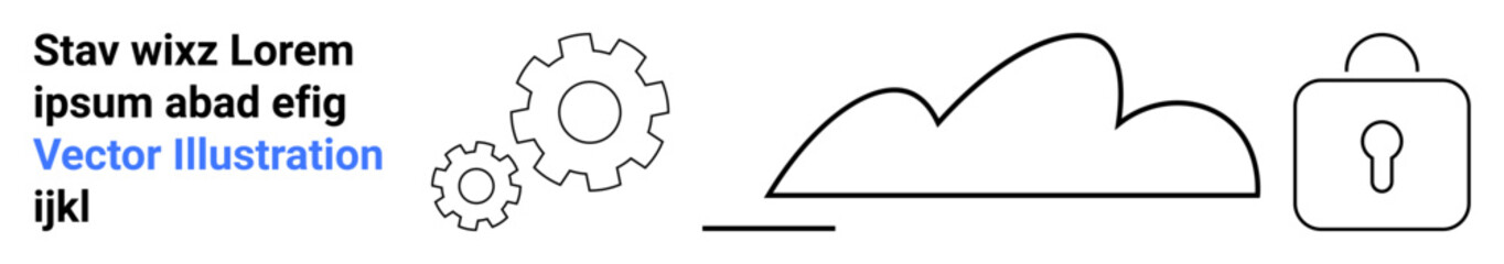 Cloud outline, lock icon symbolizing security, and gears representing process or technology. Ideal for cybersecurity, data protection, cloud computing, system integration, IT solutions, tech
