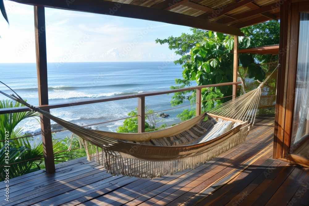 Poster serene beachside retreat with a colorful hammock overlooking the ocean and lush greenery in daylight