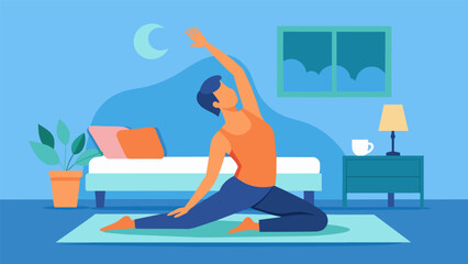 Obraz premium A person practicing gentle stretching or yoga poses on a comfortable mat next to their bed easing tension and promoting relaxation before sleep.. Vector illustration