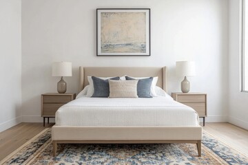 A modern bedroom features a comfortable bed with decorative pillows