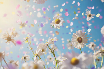 Obraz premium white chamomile flowers floating with pastel colored confetti against soft turquoise blue background