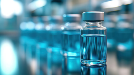 A row of vials filled with blue liquid on the production line in a medical innovation factory